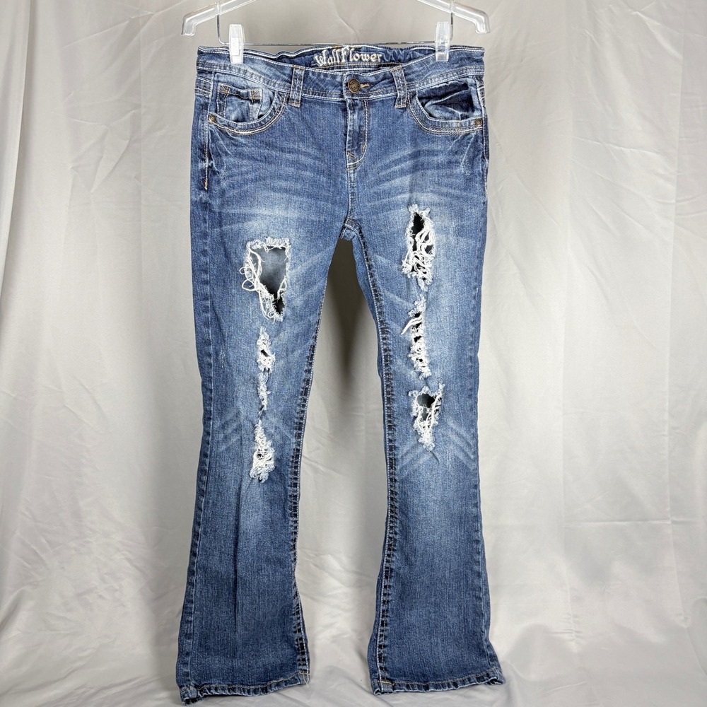 WallFlower Distressed Bootcut Jeans Womens 13 Medium Wash Ripped Flap Pocket Y2K